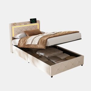 Cama estofada, luzes LED, portas USB e espaço de armazenamento.
