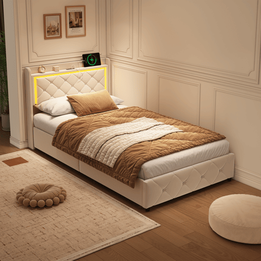 Cama estofada, luzes LED, portas USB e espaço de armazenamento. Cama estofada, luzes LED, portas USB e espaço de armazenamento.