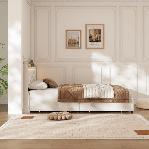 Cama estofada, luzes LED, portas USB e espaço de armazenamento. Cama estofada, luzes LED, portas USB e espaço de armazenamento.