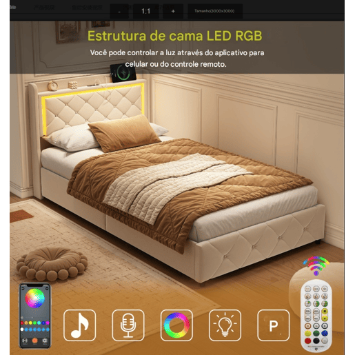 Cama estofada, luzes LED, portas USB e espaço de armazenamento. Cama estofada, luzes LED, portas USB e espaço de armazenamento.