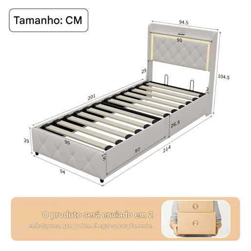 Cama estofada, luzes LED, portas USB e espaço de armazenamento. Cama estofada, luzes LED, portas USB e espaço de armazenamento.