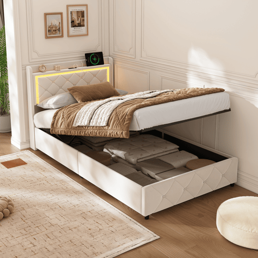 Cama estofada, luzes LED, portas USB e espaço de armazenamento. Cama estofada, luzes LED, portas USB e espaço de armazenamento.