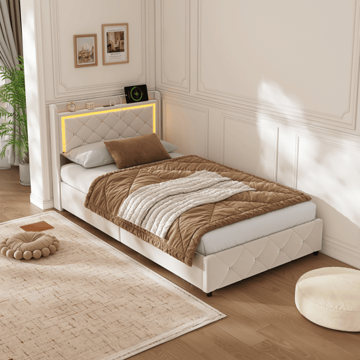 Cama estofada, luzes LED, portas USB e espaço de armazenamento. Cama estofada, luzes LED, portas USB e espaço de armazenamento.