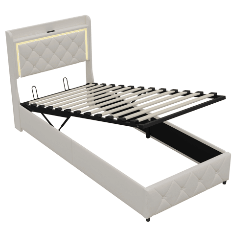 Cama estofada, luzes LED, portas USB e espaço de armazenamento. Cama estofada, luzes LED, portas USB e espaço de armazenamento.