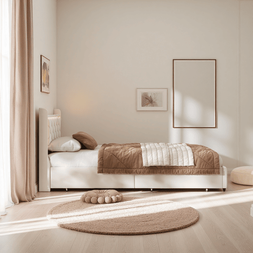 Cama estofada, luzes LED, portas USB e espaço de armazenamento. Cama estofada, luzes LED, portas USB e espaço de armazenamento.