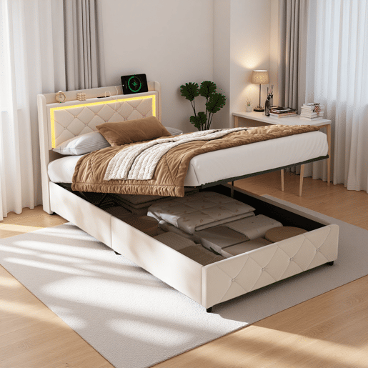 Cama estofada, luzes LED, portas USB e espaço de armazenamento. Cama estofada, luzes LED, portas USB e espaço de armazenamento.