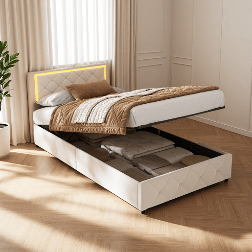 Cama estofada, luzes LED, portas USB e espaço de armazenamento. Cama estofada, luzes LED, portas USB e espaço de armazenamento.