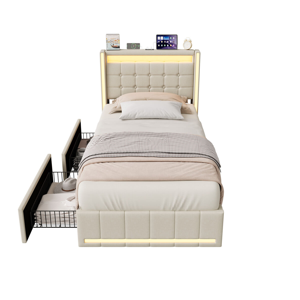 Cama individual de 90x200 cm, color beige – cama tapizada en tela de lino con iluminación led, puerto de carga usb y tipo c, 2 cajones y somier de
