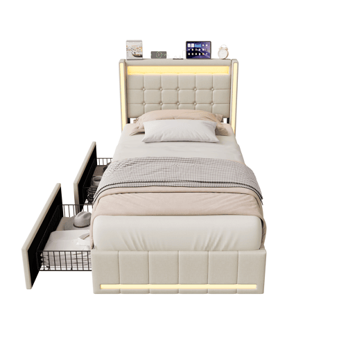 Cama de solteiro 90x200 cm bege u2013 Cama estofada em tecido de linho com iluminação LED, porta de carregamento USB e Tipo-C, 2 gavetas e estrado de ripas. Cama de solteiro 90x200 cm bege u2013 Cama estofada em tecido de linho com iluminação LED, porta de carregamento USB e Tipo-C, 2 gavetas e estrado de ripas.
