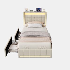 Cama de solteiro 90x200 cm bege u2013 Cama estofada em tecido de linho com iluminação LED, porta de carregamento USB e Tipo-C, 2 gavetas e estrado de ripas.