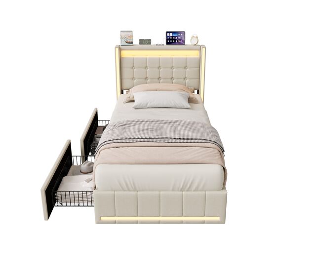 Cama individual de 90x200 cm, color beige – cama tapizada en tela de lino con iluminación led, puerto de carga usb y tipo c, 2 cajones y somier de