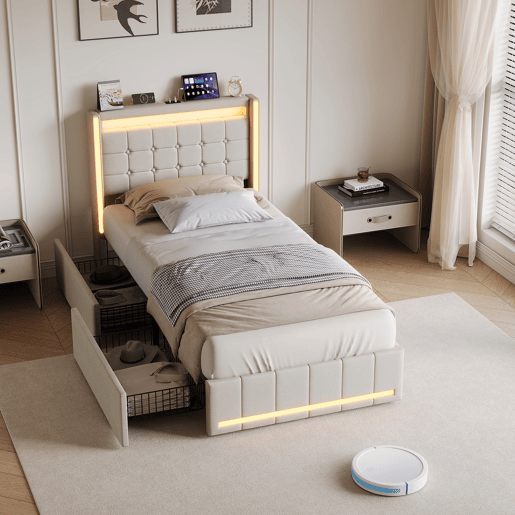 Cama de solteiro 90x200 cm bege u2013 Cama estofada em tecido de linho com iluminação LED, porta de carregamento USB e Tipo-C, 2 gavetas e estrado de ripas. Cama de solteiro 90x200 cm bege u2013 Cama estofada em tecido de linho com iluminação LED, porta de carregamento USB e Tipo-C, 2 gavetas e estrado de ripas.
