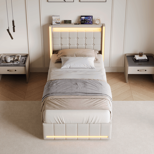 Cama de solteiro 90x200 cm bege u2013 Cama estofada em tecido de linho com iluminação LED, porta de carregamento USB e Tipo-C, 2 gavetas e estrado de ripas. Cama de solteiro 90x200 cm bege u2013 Cama estofada em tecido de linho com iluminação LED, porta de carregamento USB e Tipo-C, 2 gavetas e estrado de ripas.