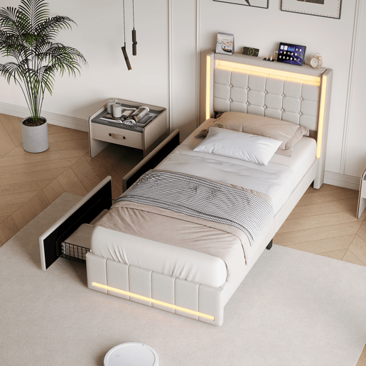 Cama de solteiro 90x200 cm bege u2013 Cama estofada em tecido de linho com iluminação LED, porta de carregamento USB e Tipo-C, 2 gavetas e estrado de ripas. Cama de solteiro 90x200 cm bege u2013 Cama estofada em tecido de linho com iluminação LED, porta de carregamento USB e Tipo-C, 2 gavetas e estrado de ripas.