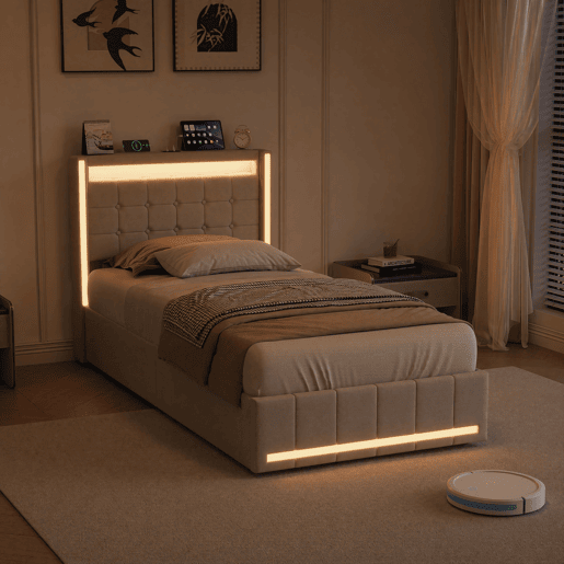 Cama de solteiro 90x200 cm bege u2013 Cama estofada em tecido de linho com iluminação LED, porta de carregamento USB e Tipo-C, 2 gavetas e estrado de ripas. Cama de solteiro 90x200 cm bege u2013 Cama estofada em tecido de linho com iluminação LED, porta de carregamento USB e Tipo-C, 2 gavetas e estrado de ripas.