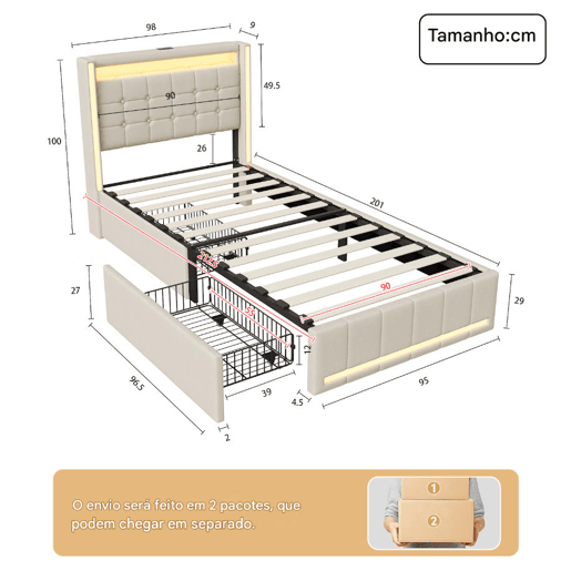 Cama de solteiro 90x200 cm bege u2013 Cama estofada em tecido de linho com iluminação LED, porta de carregamento USB e Tipo-C, 2 gavetas e estrado de ripas. Cama de solteiro 90x200 cm bege u2013 Cama estofada em tecido de linho com iluminação LED, porta de carregamento USB e Tipo-C, 2 gavetas e estrado de ripas.