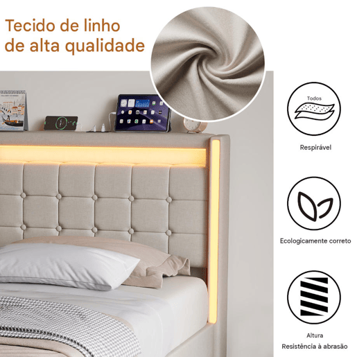 Cama de solteiro 90x200 cm bege u2013 Cama estofada em tecido de linho com iluminação LED, porta de carregamento USB e Tipo-C, 2 gavetas e estrado de ripas. Cama de solteiro 90x200 cm bege u2013 Cama estofada em tecido de linho com iluminação LED, porta de carregamento USB e Tipo-C, 2 gavetas e estrado de ripas.