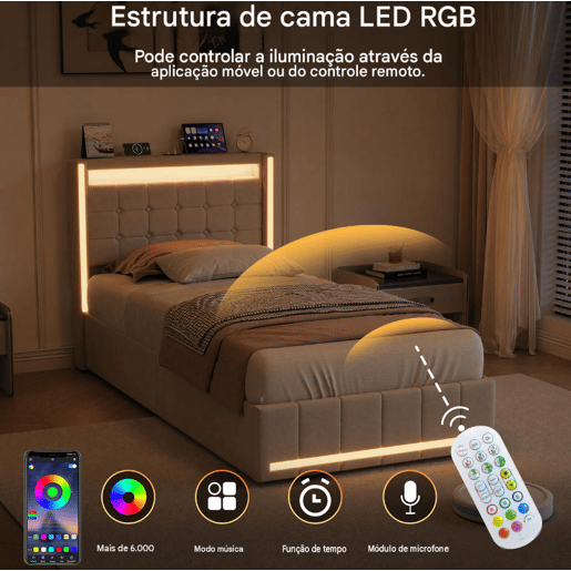 Cama de solteiro 90x200 cm bege u2013 Cama estofada em tecido de linho com iluminação LED, porta de carregamento USB e Tipo-C, 2 gavetas e estrado de ripas. Cama de solteiro 90x200 cm bege u2013 Cama estofada em tecido de linho com iluminação LED, porta de carregamento USB e Tipo-C, 2 gavetas e estrado de ripas.