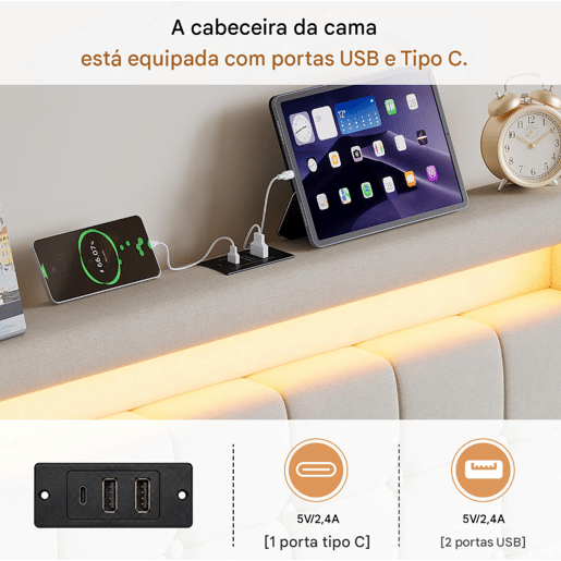 Cama de solteiro 90x200 cm bege u2013 Cama estofada em tecido de linho com iluminação LED, porta de carregamento USB e Tipo-C, 2 gavetas e estrado de ripas. Cama de solteiro 90x200 cm bege u2013 Cama estofada em tecido de linho com iluminação LED, porta de carregamento USB e Tipo-C, 2 gavetas e estrado de ripas.