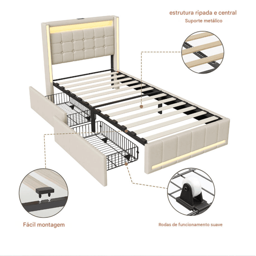 Cama de solteiro 90x200 cm bege u2013 Cama estofada em tecido de linho com iluminação LED, porta de carregamento USB e Tipo-C, 2 gavetas e estrado de ripas. Cama de solteiro 90x200 cm bege u2013 Cama estofada em tecido de linho com iluminação LED, porta de carregamento USB e Tipo-C, 2 gavetas e estrado de ripas.