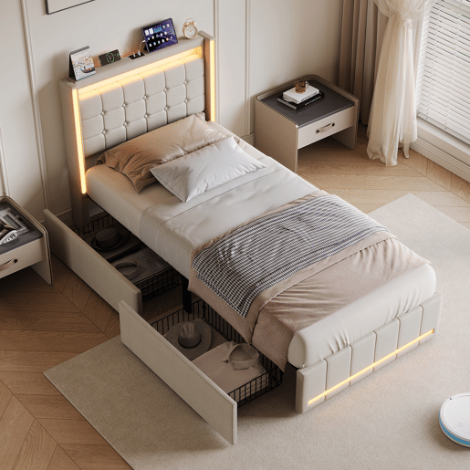 Cama de solteiro 90x200 cm bege u2013 Cama estofada em tecido de linho com iluminação LED, porta de carregamento USB e Tipo-C, 2 gavetas e estrado de ripas. Cama de solteiro 90x200 cm bege u2013 Cama estofada em tecido de linho com iluminação LED, porta de carregamento USB e Tipo-C, 2 gavetas e estrado de ripas.