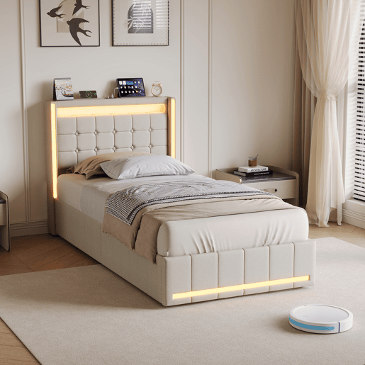 Cama de solteiro 90x200 cm bege u2013 Cama estofada em tecido de linho com iluminação LED, porta de carregamento USB e Tipo-C, 2 gavetas e estrado de ripas. Cama de solteiro 90x200 cm bege u2013 Cama estofada em tecido de linho com iluminação LED, porta de carregamento USB e Tipo-C, 2 gavetas e estrado de ripas.