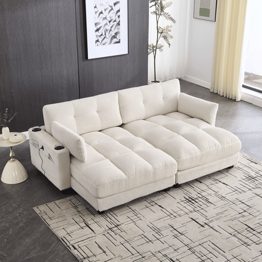 Sofá de 2 lugares - Modular em veludo cotelê com almofadas, 4 porta-copos, bolsos laterais e portas USB - Bege Sofá de 2 lugares - Modular em veludo cotelê com almofadas, 4 porta-copos, bolsos laterais e portas USB - Bege