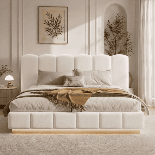 Cama estofada de casal 180x200 cm u2014 hidráulica, com baú rebatível, base de colchão, cabeceira com LED e amplo espaço de arrumação u2014 branco bouclé Cama estofada de casal 180x200 cm u2014 hidráulica, com baú rebatível, base de colchão, cabeceira com LED e amplo espaço de arrumação u2014 branco bouclé