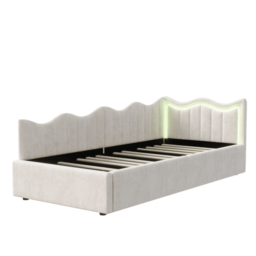 Cama 90x200 cm | Sofá-Cama de Dia em Veludo Bege | Cama Individual com LED e Arrumação Hidráulica | Estrutura com Sommier | Cama Juvenil e de Hóspedes Cama 90x200 cm | Sofá-Cama de Dia em Veludo Bege | Cama Individual com LED e Arrumação Hidráulica | Estrutura com Sommier | Cama Juvenil e de Hóspedes