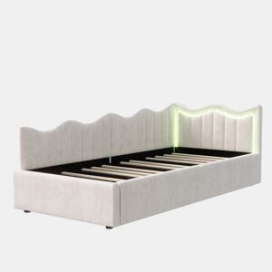 Cama 90x200 cm | Sofá-Cama de Dia em Veludo Bege | Cama Individual com LED e Arrumação Hidráulica | Estrutura com Sommier | Cama Juvenil e de Hóspedes