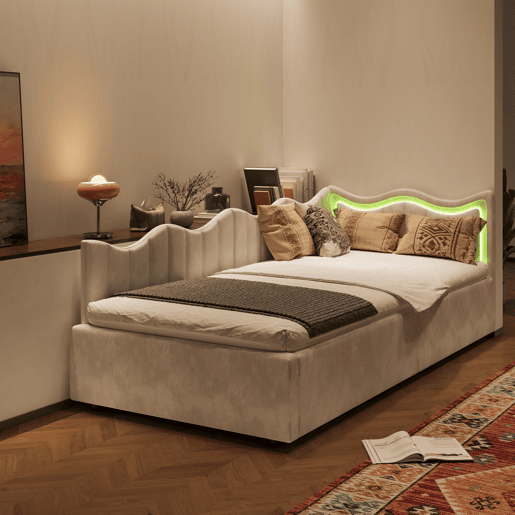Cama 90x200 cm | Sofá-Cama de Dia em Veludo Bege | Cama Individual com LED e Arrumação Hidráulica | Estrutura com Sommier | Cama Juvenil e de Hóspedes Cama 90x200 cm | Sofá-Cama de Dia em Veludo Bege | Cama Individual com LED e Arrumação Hidráulica | Estrutura com Sommier | Cama Juvenil e de Hóspedes
