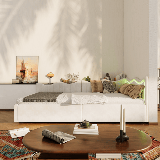 Cama 90x200 cm | Sofá-Cama de Dia em Veludo Bege | Cama Individual com LED e Arrumação Hidráulica | Estrutura com Sommier | Cama Juvenil e de Hóspedes Cama 90x200 cm | Sofá-Cama de Dia em Veludo Bege | Cama Individual com LED e Arrumação Hidráulica | Estrutura com Sommier | Cama Juvenil e de Hóspedes