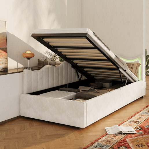 Cama 90x200 cm | Sofá-Cama de Dia em Veludo Bege | Cama Individual com LED e Arrumação Hidráulica | Estrutura com Sommier | Cama Juvenil e de Hóspedes Cama 90x200 cm | Sofá-Cama de Dia em Veludo Bege | Cama Individual com LED e Arrumação Hidráulica | Estrutura com Sommier | Cama Juvenil e de Hóspedes