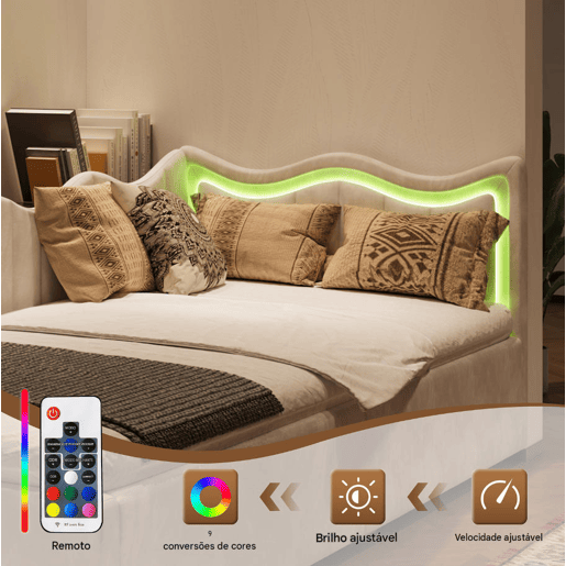 Cama 90x200 cm | Sofá-Cama de Dia em Veludo Bege | Cama Individual com LED e Arrumação Hidráulica | Estrutura com Sommier | Cama Juvenil e de Hóspedes Cama 90x200 cm | Sofá-Cama de Dia em Veludo Bege | Cama Individual com LED e Arrumação Hidráulica | Estrutura com Sommier | Cama Juvenil e de Hóspedes
