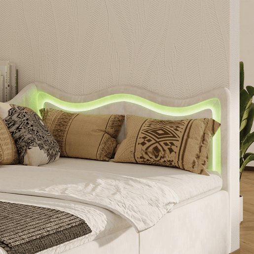 Cama 90x200 cm | Sofá-Cama de Dia em Veludo Bege | Cama Individual com LED e Arrumação Hidráulica | Estrutura com Sommier | Cama Juvenil e de Hóspedes Cama 90x200 cm | Sofá-Cama de Dia em Veludo Bege | Cama Individual com LED e Arrumação Hidráulica | Estrutura com Sommier | Cama Juvenil e de Hóspedes