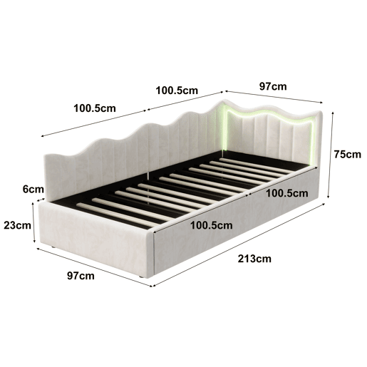 Cama 90x200 cm | Sofá-Cama de Dia em Veludo Bege | Cama Individual com LED e Arrumação Hidráulica | Estrutura com Sommier | Cama Juvenil e de Hóspedes Cama 90x200 cm | Sofá-Cama de Dia em Veludo Bege | Cama Individual com LED e Arrumação Hidráulica | Estrutura com Sommier | Cama Juvenil e de Hóspedes