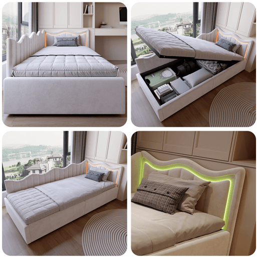 Cama 90x200 cm | Sofá-Cama de Dia em Veludo Bege | Cama Individual com LED e Arrumação Hidráulica | Estrutura com Sommier | Cama Juvenil e de Hóspedes Cama 90x200 cm | Sofá-Cama de Dia em Veludo Bege | Cama Individual com LED e Arrumação Hidráulica | Estrutura com Sommier | Cama Juvenil e de Hóspedes