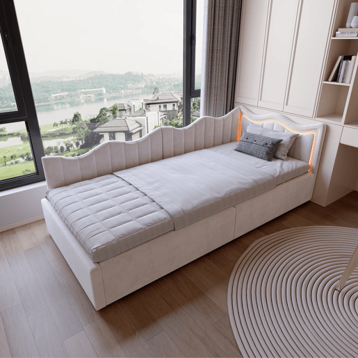 Cama 90x200 cm | Sofá-Cama de Dia em Veludo Bege | Cama Individual com LED e Arrumação Hidráulica | Estrutura com Sommier | Cama Juvenil e de Hóspedes Cama 90x200 cm | Sofá-Cama de Dia em Veludo Bege | Cama Individual com LED e Arrumação Hidráulica | Estrutura com Sommier | Cama Juvenil e de Hóspedes