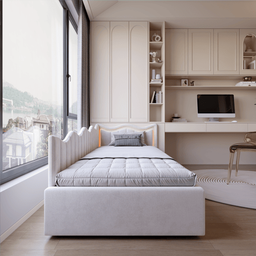 Cama 90x200 cm | Sofá-Cama de Dia em Veludo Bege | Cama Individual com LED e Arrumação Hidráulica | Estrutura com Sommier | Cama Juvenil e de Hóspedes Cama 90x200 cm | Sofá-Cama de Dia em Veludo Bege | Cama Individual com LED e Arrumação Hidráulica | Estrutura com Sommier | Cama Juvenil e de Hóspedes