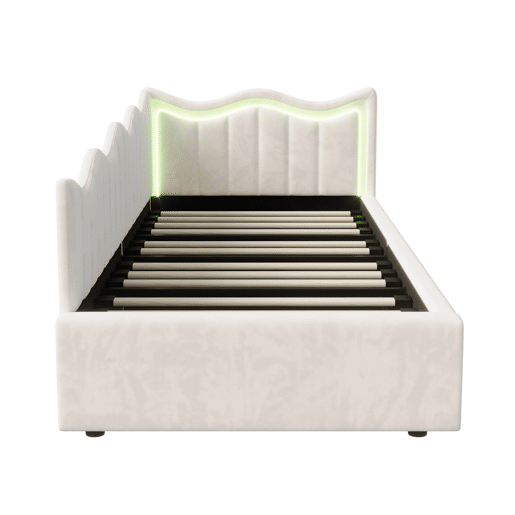 Cama 90x200 cm | Sofá-Cama de Dia em Veludo Bege | Cama Individual com LED e Arrumação Hidráulica | Estrutura com Sommier | Cama Juvenil e de Hóspedes Cama 90x200 cm | Sofá-Cama de Dia em Veludo Bege | Cama Individual com LED e Arrumação Hidráulica | Estrutura com Sommier | Cama Juvenil e de Hóspedes