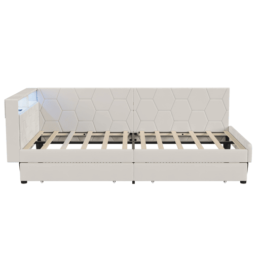 Cama estofada em veludo 90x200 cm com 2 gavetas, iluminação LED, porta de carregamento USB e Tipo-C, cama com arrumação, sofá-cama 2 em 1 (cama ou sofá), estrutura ripada, bege Cama estofada em veludo 90x200 cm com 2 gavetas, iluminação LED, porta de carregamento USB e Tipo-C, cama com arrumação, sofá-cama 2 em 1 (cama ou sofá), estrutura ripada, bege