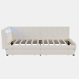 Cama estofada em veludo 90x200 cm com 2 gavetas, iluminação LED, porta de carregamento USB e Tipo-C, cama com arrumação, sofá-cama 2 em 1 (cama ou sofá), estrutura ripada, bege