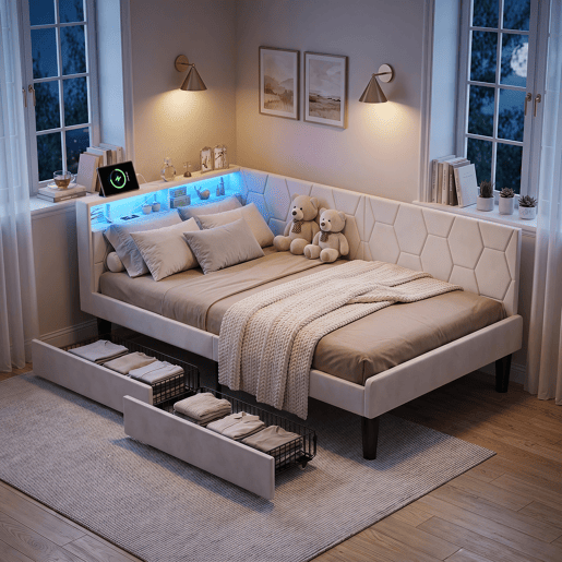 Cama estofada em veludo 90x200 cm com 2 gavetas, iluminação LED, porta de carregamento USB e Tipo-C, cama com arrumação, sofá-cama 2 em 1 (cama ou sofá), estrutura ripada, bege Cama estofada em veludo 90x200 cm com 2 gavetas, iluminação LED, porta de carregamento USB e Tipo-C, cama com arrumação, sofá-cama 2 em 1 (cama ou sofá), estrutura ripada, bege