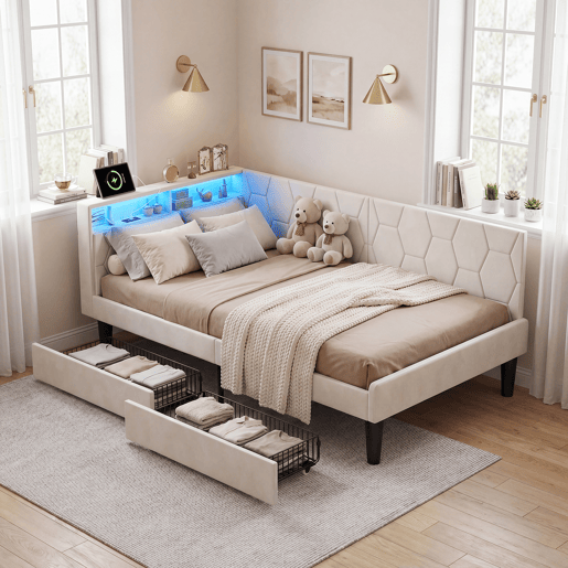 Cama estofada em veludo 90x200 cm com 2 gavetas, iluminação LED, porta de carregamento USB e Tipo-C, cama com arrumação, sofá-cama 2 em 1 (cama ou sofá), estrutura ripada, bege Cama estofada em veludo 90x200 cm com 2 gavetas, iluminação LED, porta de carregamento USB e Tipo-C, cama com arrumação, sofá-cama 2 em 1 (cama ou sofá), estrutura ripada, bege