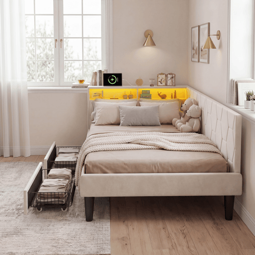Cama estofada em veludo 90x200 cm com 2 gavetas, iluminação LED, porta de carregamento USB e Tipo-C, cama com arrumação, sofá-cama 2 em 1 (cama ou sofá), estrutura ripada, bege Cama estofada em veludo 90x200 cm com 2 gavetas, iluminação LED, porta de carregamento USB e Tipo-C, cama com arrumação, sofá-cama 2 em 1 (cama ou sofá), estrutura ripada, bege
