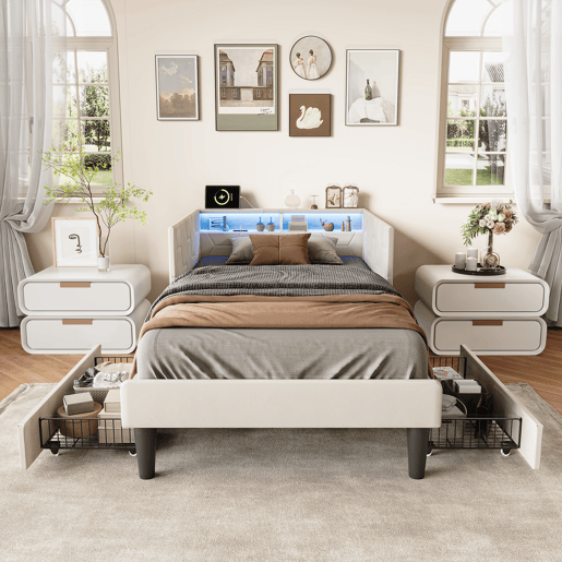 Cama estofada em veludo 90x200 cm com 2 gavetas, iluminação LED, porta de carregamento USB e Tipo-C, cama com arrumação, sofá-cama 2 em 1 (cama ou sofá), estrutura ripada, bege Cama estofada em veludo 90x200 cm com 2 gavetas, iluminação LED, porta de carregamento USB e Tipo-C, cama com arrumação, sofá-cama 2 em 1 (cama ou sofá), estrutura ripada, bege