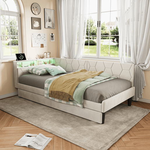 Cama estofada em veludo 90x200 cm com 2 gavetas, iluminação LED, porta de carregamento USB e Tipo-C, cama com arrumação, sofá-cama 2 em 1 (cama ou sofá), estrutura ripada, bege Cama estofada em veludo 90x200 cm com 2 gavetas, iluminação LED, porta de carregamento USB e Tipo-C, cama com arrumação, sofá-cama 2 em 1 (cama ou sofá), estrutura ripada, bege