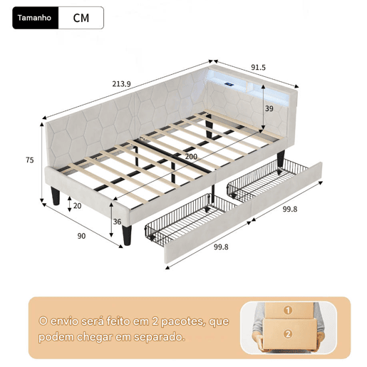 Cama estofada em veludo 90x200 cm com 2 gavetas, iluminação LED, porta de carregamento USB e Tipo-C, cama com arrumação, sofá-cama 2 em 1 (cama ou sofá), estrutura ripada, bege Cama estofada em veludo 90x200 cm com 2 gavetas, iluminação LED, porta de carregamento USB e Tipo-C, cama com arrumação, sofá-cama 2 em 1 (cama ou sofá), estrutura ripada, bege