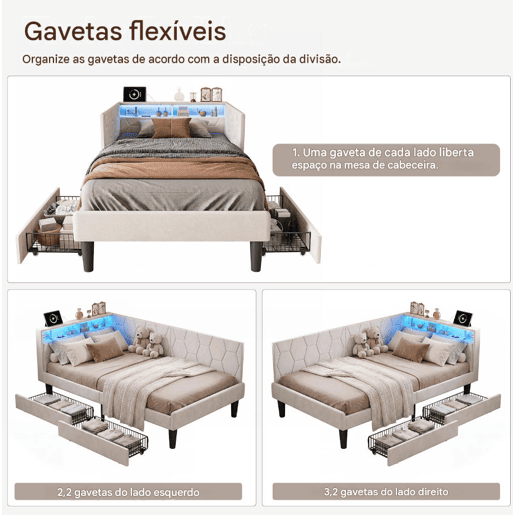 Cama estofada em veludo 90x200 cm com 2 gavetas, iluminação LED, porta de carregamento USB e Tipo-C, cama com arrumação, sofá-cama 2 em 1 (cama ou sofá), estrutura ripada, bege Cama estofada em veludo 90x200 cm com 2 gavetas, iluminação LED, porta de carregamento USB e Tipo-C, cama com arrumação, sofá-cama 2 em 1 (cama ou sofá), estrutura ripada, bege