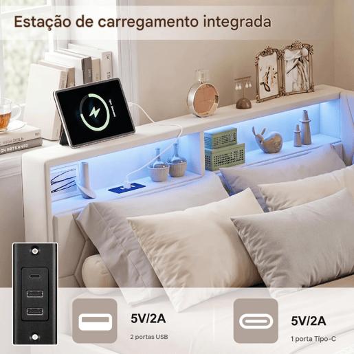 Cama estofada em veludo 90x200 cm com 2 gavetas, iluminação LED, porta de carregamento USB e Tipo-C, cama com arrumação, sofá-cama 2 em 1 (cama ou sofá), estrutura ripada, bege Cama estofada em veludo 90x200 cm com 2 gavetas, iluminação LED, porta de carregamento USB e Tipo-C, cama com arrumação, sofá-cama 2 em 1 (cama ou sofá), estrutura ripada, bege